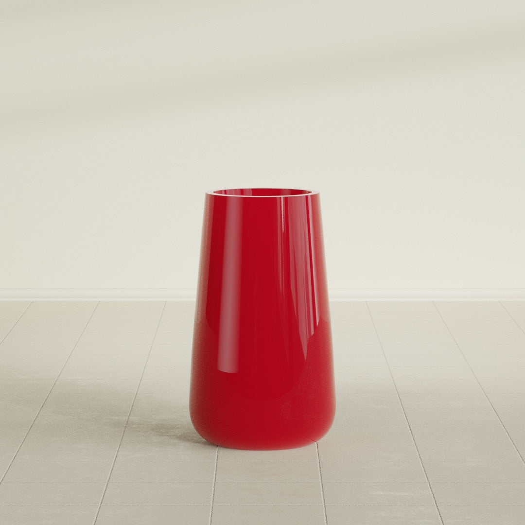 Saigon Tapered Round Planter in Gloss Red, 16"D × 36"H, shown empty
