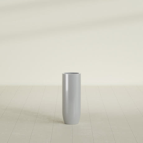 Saint Tropez Bullet Round Planter in Metallic Silver, 12"D × 32"H, shown empty