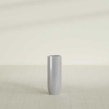Saint Tropez Bullet Round Planter in Metallic Silver, 12"D × 32"H, shown empty