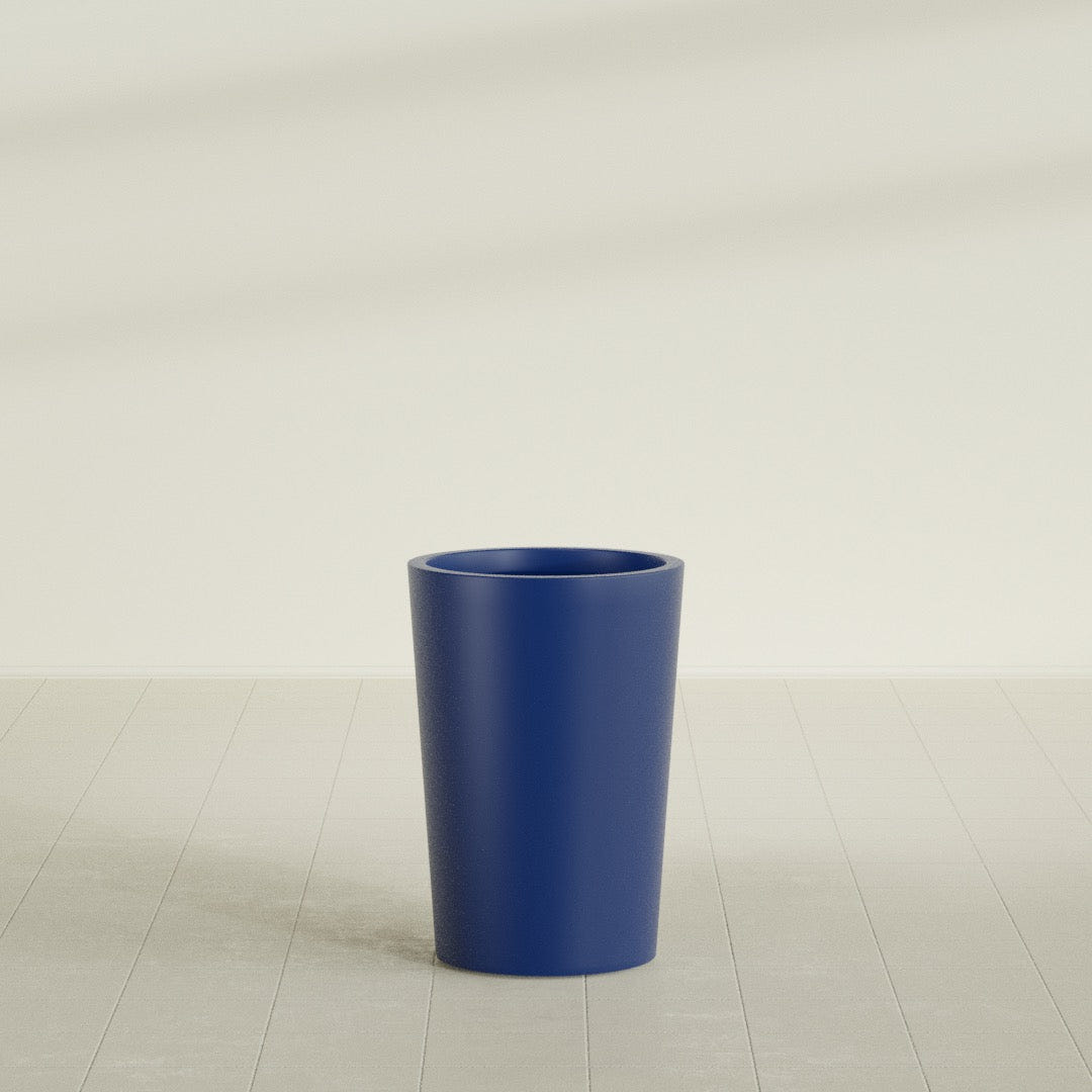 Tegel Round Tapered Planter in Matte Cobalt Blue, 18"D × 26"H, shown empty