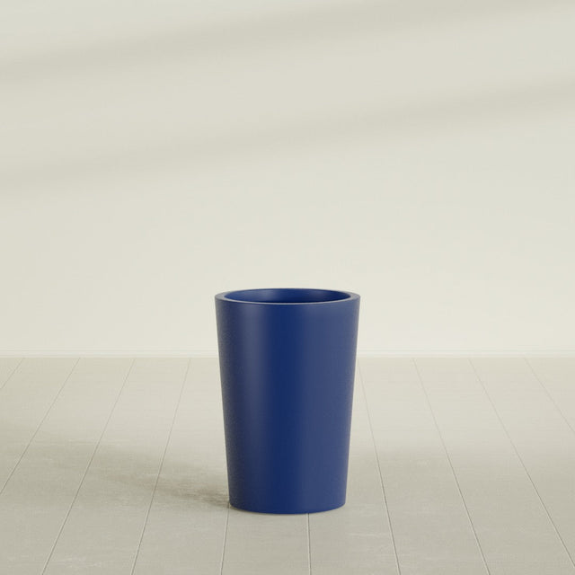 Tegel Round Tapered Planter in Matte Cobalt Blue, 18"D × 26"H, shown empty