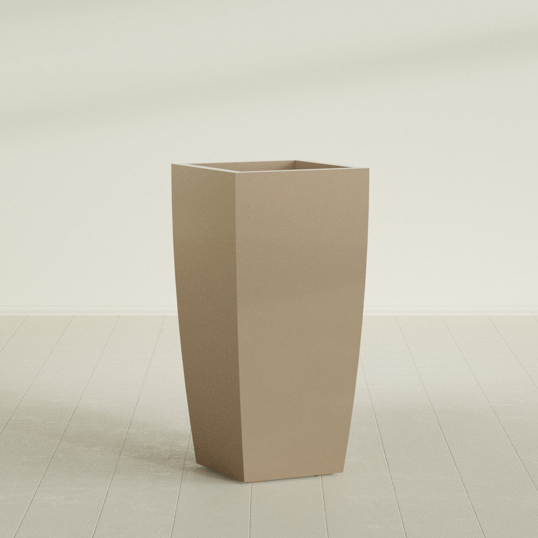 Toulan Tapered Square Planter in Gloss Metallic Gold, 20"W × 42"H, shown empty