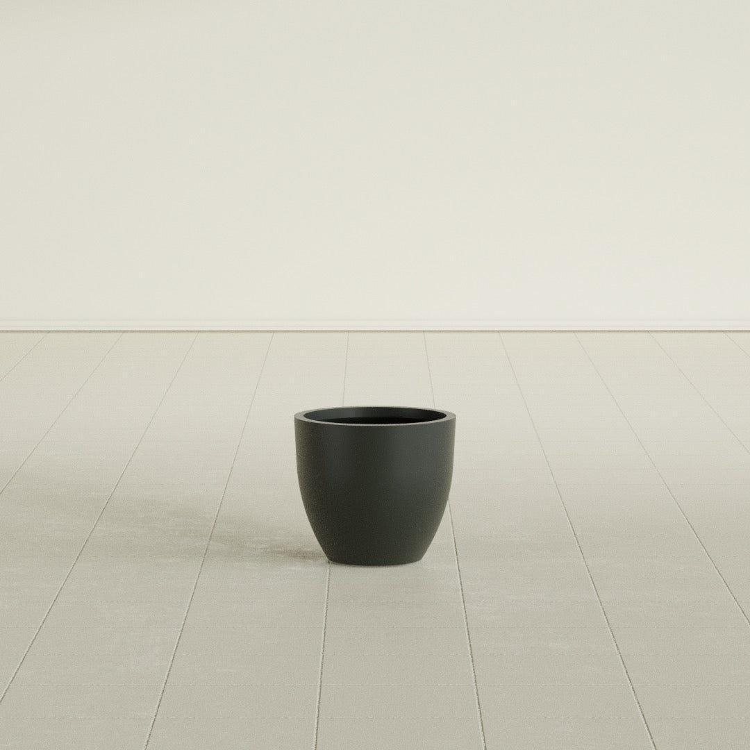 Wannsee Round Planter in Matte Charcoal, 15"D × 13"H, shown empty