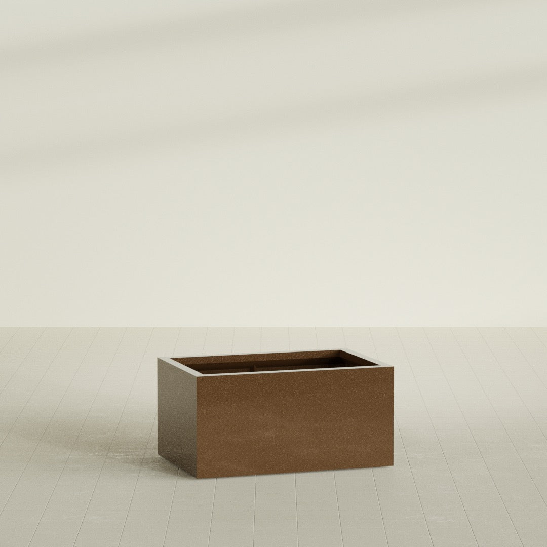 Torino Wide Rectangular Planter in Metallic Bronze, 36"L × 24"D × 18"H, shown empty