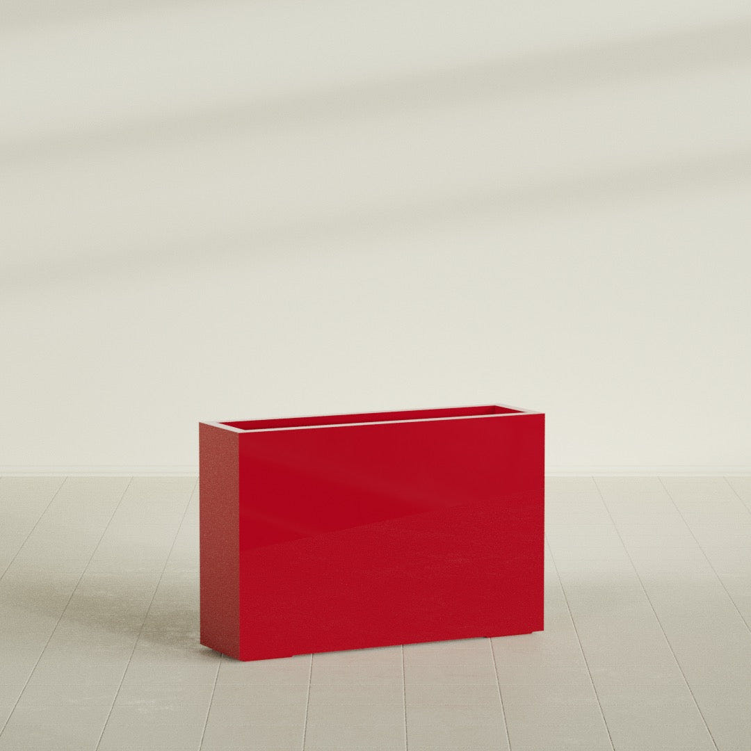 Milano Narrow Rectangular Planter in Gloss Red, 36"L × 10"D × 24"H, shown empty