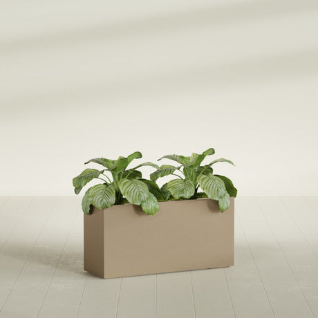 Miami Narrow Rectangular fiberglass planter in Gloss Metallic Gold, shown planted, in a sunlit interior