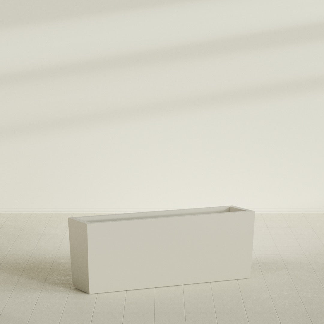 Panama Tapered Rectangular Planter in Satin Beige, 48"L × 12"D × 18"H, shown empty