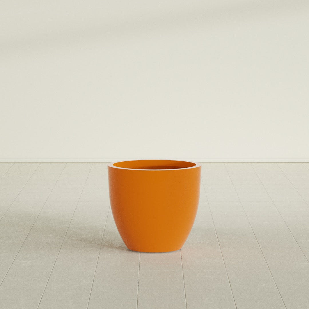 Wannsee Round Planter in Gloss Tangerine, 27"D × 24"H, shown empty