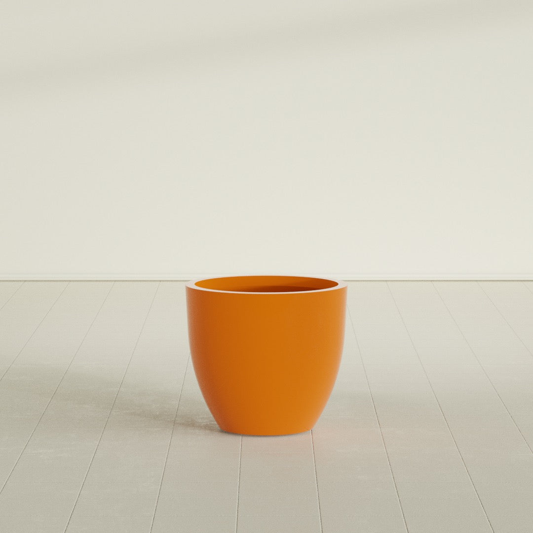 Wannsee Round Planter in Gloss Tangerine, 27"D × 24"H, shown empty
