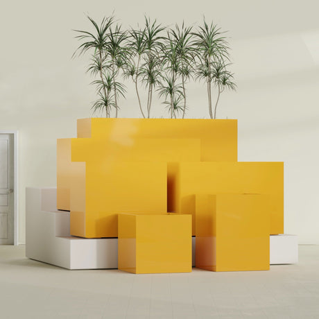 Brisbane Rectangular fiberglass planter in Gloss Saffron, size range, in a sunlit interior