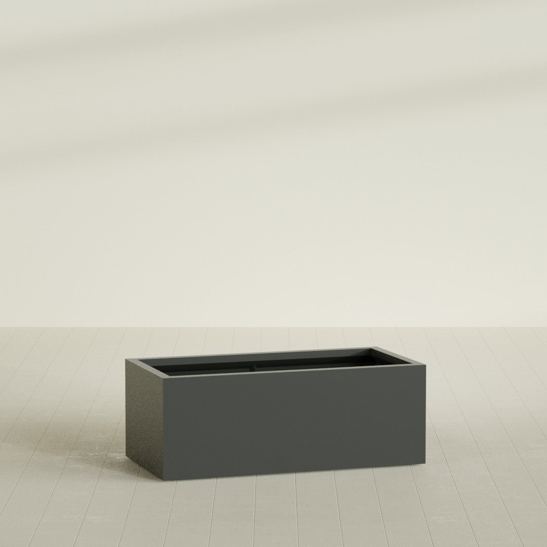 Torino Wide Rectangular Planter in Matte Charcoal, 48"L × 24"D × 18"H, shown empty
