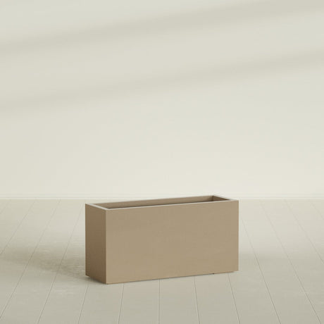 Miami Narrow Rectangular Planter in Gloss Metallic Gold, 36"L × 12"D × 18"H, shown empty