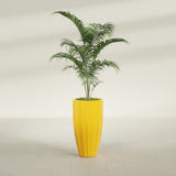 San Jose Tall Fluted fiberglass planter in Gloss Saffron, shown planted, in a sunlit interior