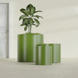 Rio Grande Cylinder fiberglass planter in Satin Green, size range, in a sunlit interior