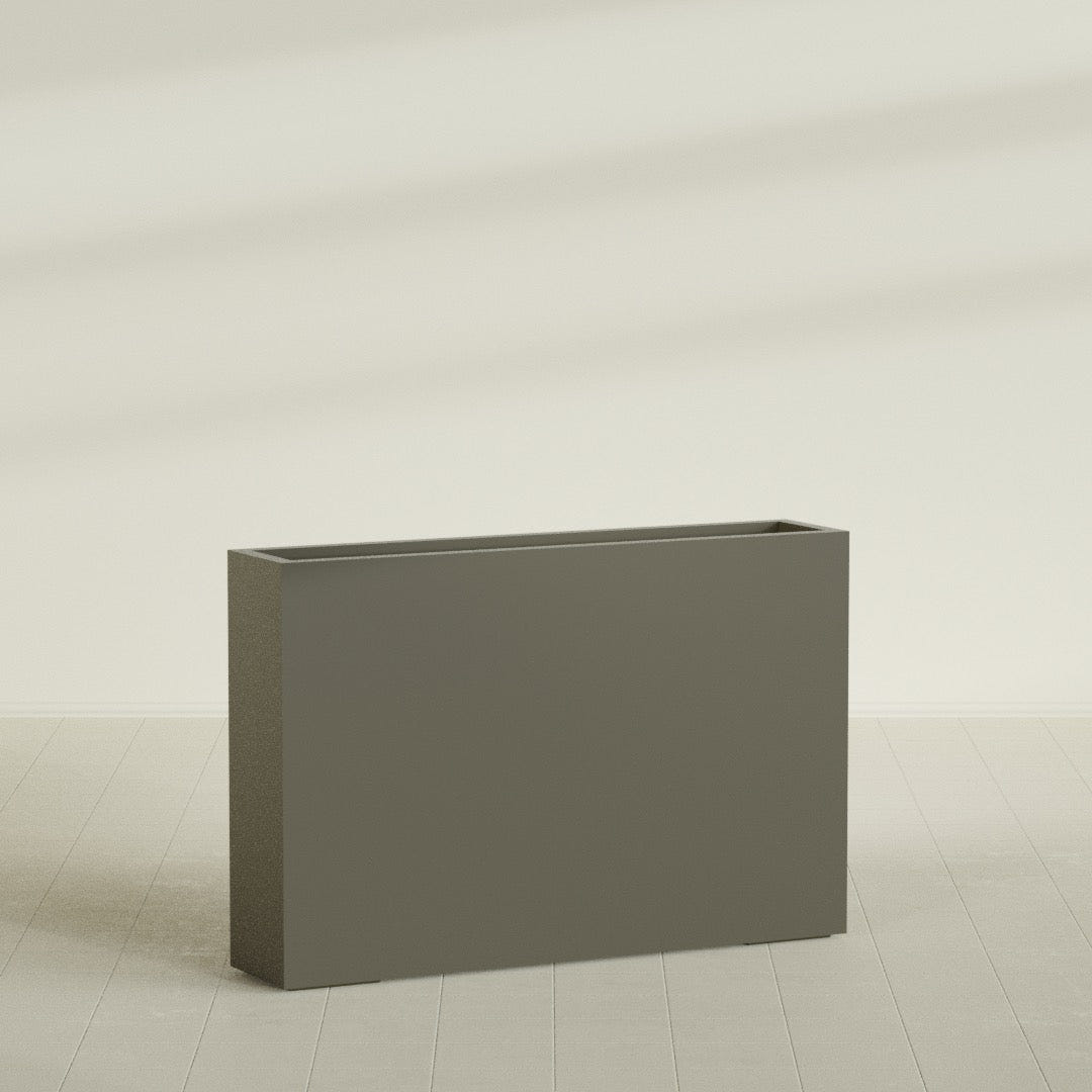 Amesbury Narrow Rectangular Planter in Matte Bronze, 48"L × 10"D × 32"H, shown empty