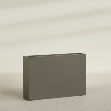 Amesbury Narrow Rectangular Planter in Matte Bronze, 48"L × 10"D × 32"H, shown empty