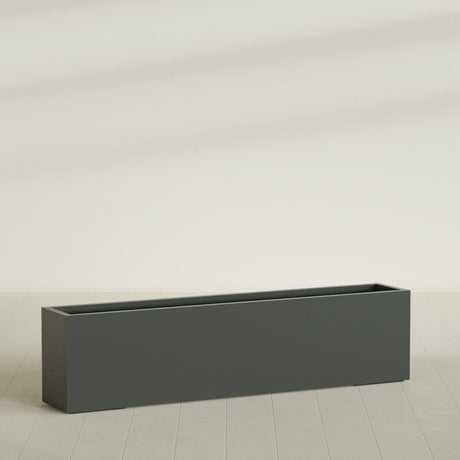 Miami Narrow Rectangular Planter in Matte Charcoal, 72"L × 12"D × 18"H, shown empty