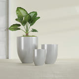 Valencia Tapered Round fiberglass planter in Metallic Silver, size range, in a sunlit interior