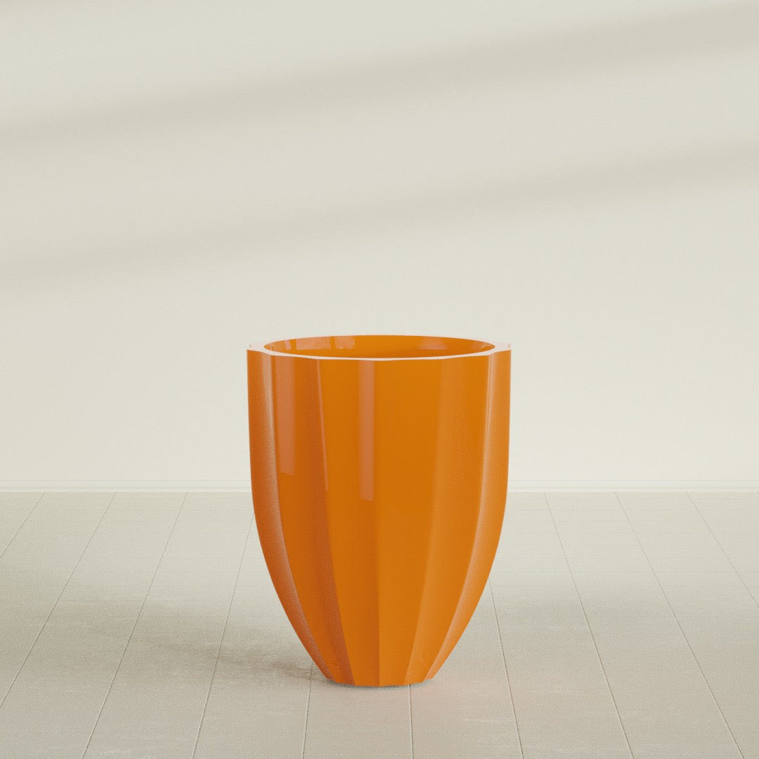 Alicante Fluted Planter in Gloss Tangerine, 26"D × 32"H, shown empty
