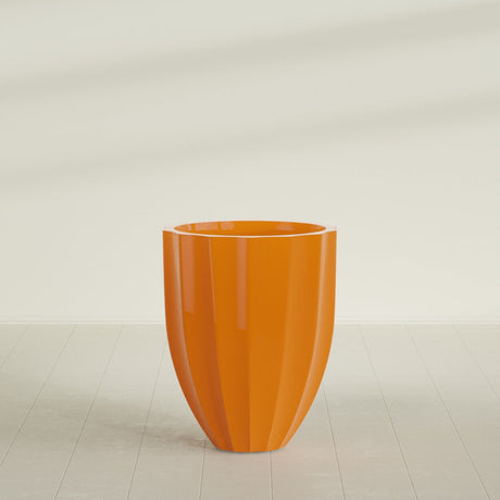 Alicante Fluted Planter in Gloss Tangerine, 26"D × 32"H, shown empty