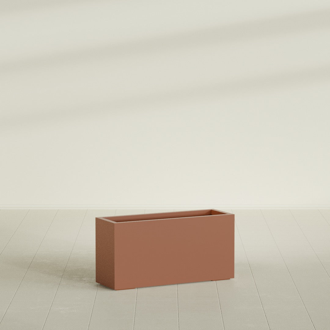Hollywood Narrow Rectangular Planter in Matte Terra Cotta, 36"L × 12"D × 24"H, shown empty