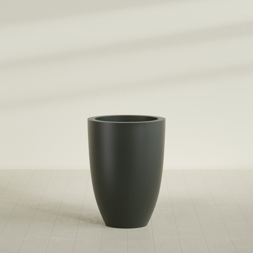 Brannan Tapered Round Planter in Matte Charcoal, 30"D × 41"H, shown empty