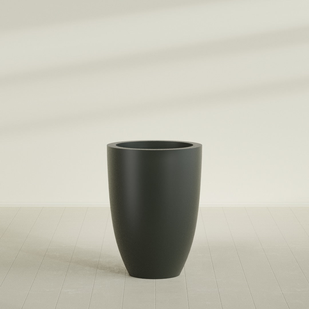 Brannan Tapered Round Planter in Matte Charcoal, 30"D × 41"H, shown empty