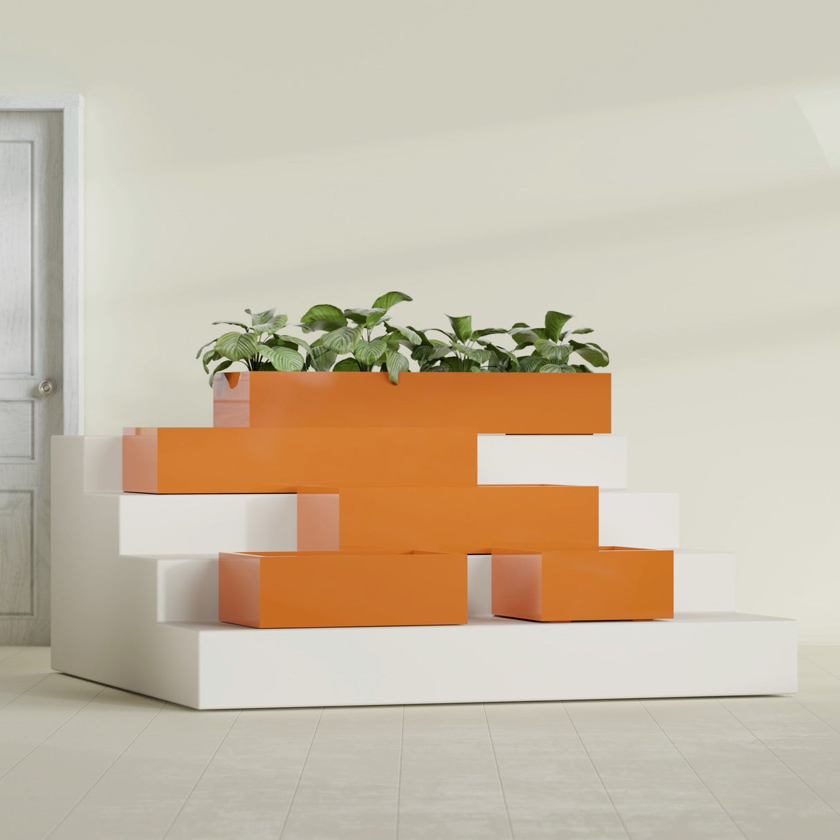 Antwerp Rectangular fiberglass planter in Gloss Tangerine, size range, in a sunlit interior