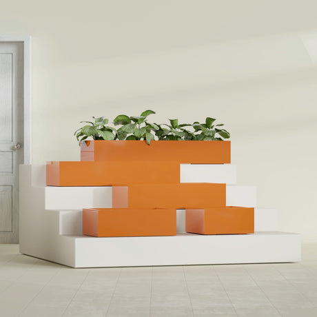 Antwerp Rectangular fiberglass planter in Gloss Tangerine, size range, in a sunlit interior