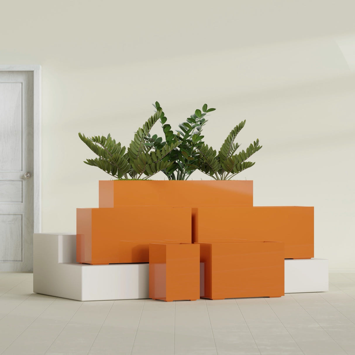 Tolga Rectangular fiberglass planter in Gloss Tangerine, size range, in a sunlit interior