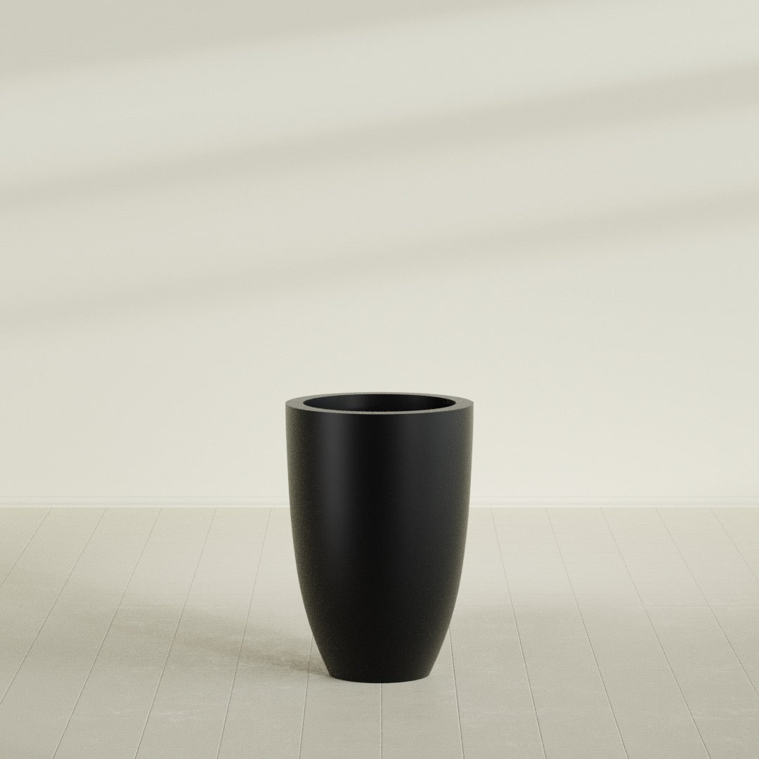 Brannan Tapered Round Planter in Matte Black, 24"D × 35"H, shown empty