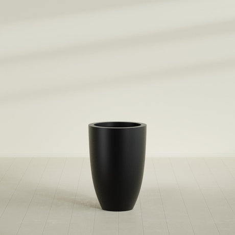 Brannan Tapered Round Planter in Matte Black, 24"D × 35"H, shown empty
