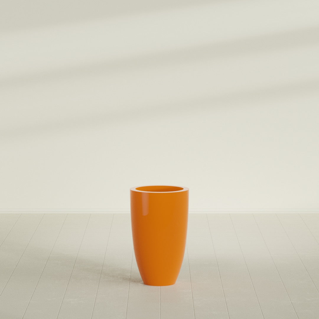 Brannan Tapered Round Planter in Gloss Tangerine, 18"D × 29"H, shown empty