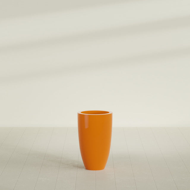 Brannan Tapered Round Planter in Gloss Tangerine, 18"D × 29"H, shown empty