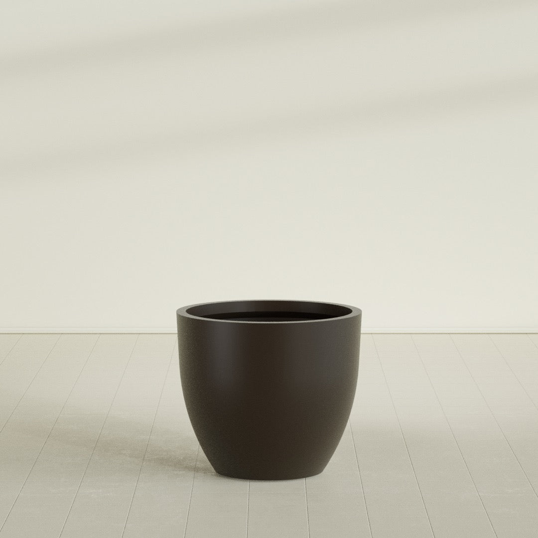 Wannsee Round Planter in Matte Dark Brown, 39"D × 34"H, shown empty