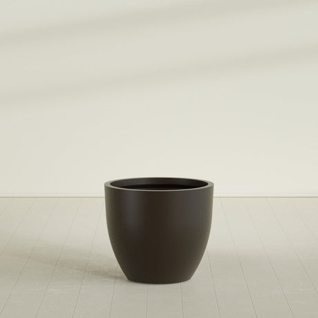 Wannsee Round Planter in Matte Dark Brown, 39"D × 34"H, shown empty