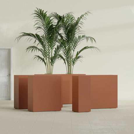 Perth Rectangular fiberglass planter in Matte Terra Cotta, size range, in a sunlit interior