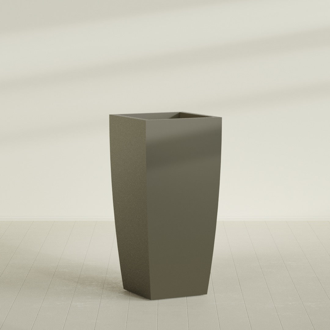 Toulan Tapered Square Planter in Matte Bronze, 28"W × 60"H, shown empty