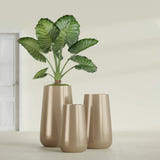 Saigon Tapered Round fiberglass planter in Gloss Metallic Gold, size range, in a sunlit interior