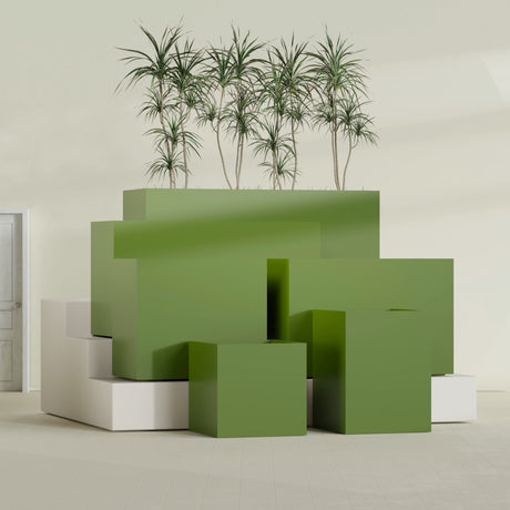 Brisbane Rectangular fiberglass planter in Satin Green, size range, in a sunlit interior