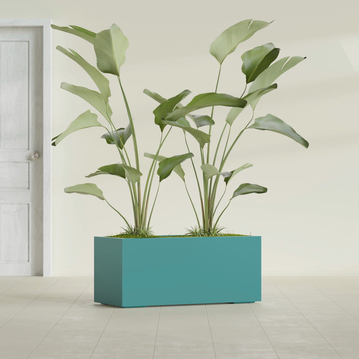 Badalona Rectangular fiberglass planter in Satin Seafoam Green, shown planted, in a sunlit interior