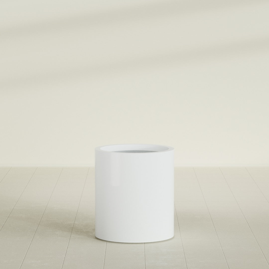 Rio Grande Cylinder Planter in Matte Bright White, 18"D × 20"H, shown empty