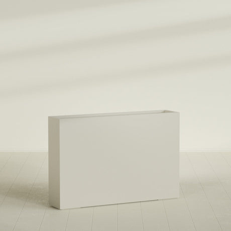 Amesbury Narrow Rectangular Planter in Satin Beige, 48"L × 10"D × 32"H, shown empty