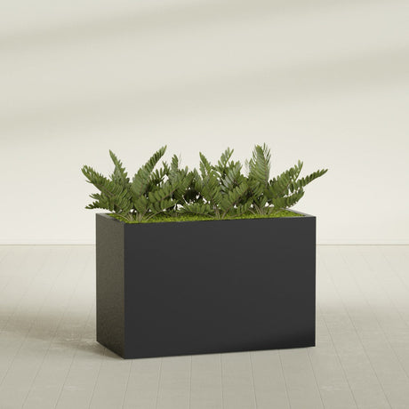 Brisbane Rectangular fiberglass planter in Matte Black, shown planted, in a sunlit interior