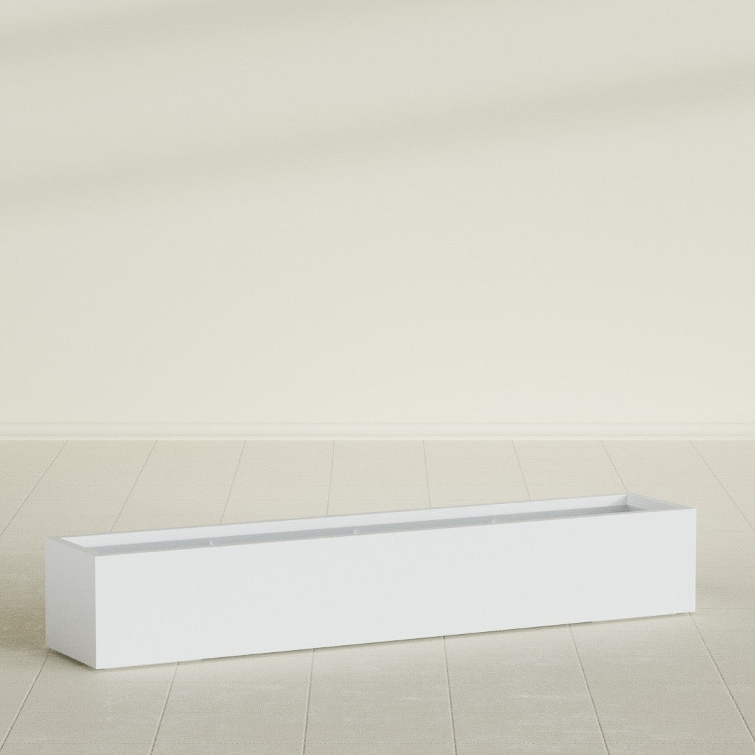 Cuba Low Rectangular Planter in Gloss Bright White, 72"L × 14"D × 12"H, shown empty