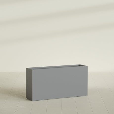 Hollywood Narrow Rectangular Planter in Matte Gunmetal, 48"L × 12"D × 24"H, shown empty