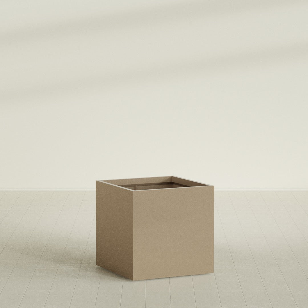 Montroy Cube Planter in Gloss Metallic Gold, 36", shown empty