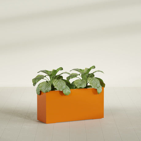 Miami Corner fiberglass planter in Gloss Tangerine, shown planted, in a sunlit interior