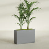 Potsdam Rectangular fiberglass planter in Matte Gunmetal, shown planted, in a sunlit interior