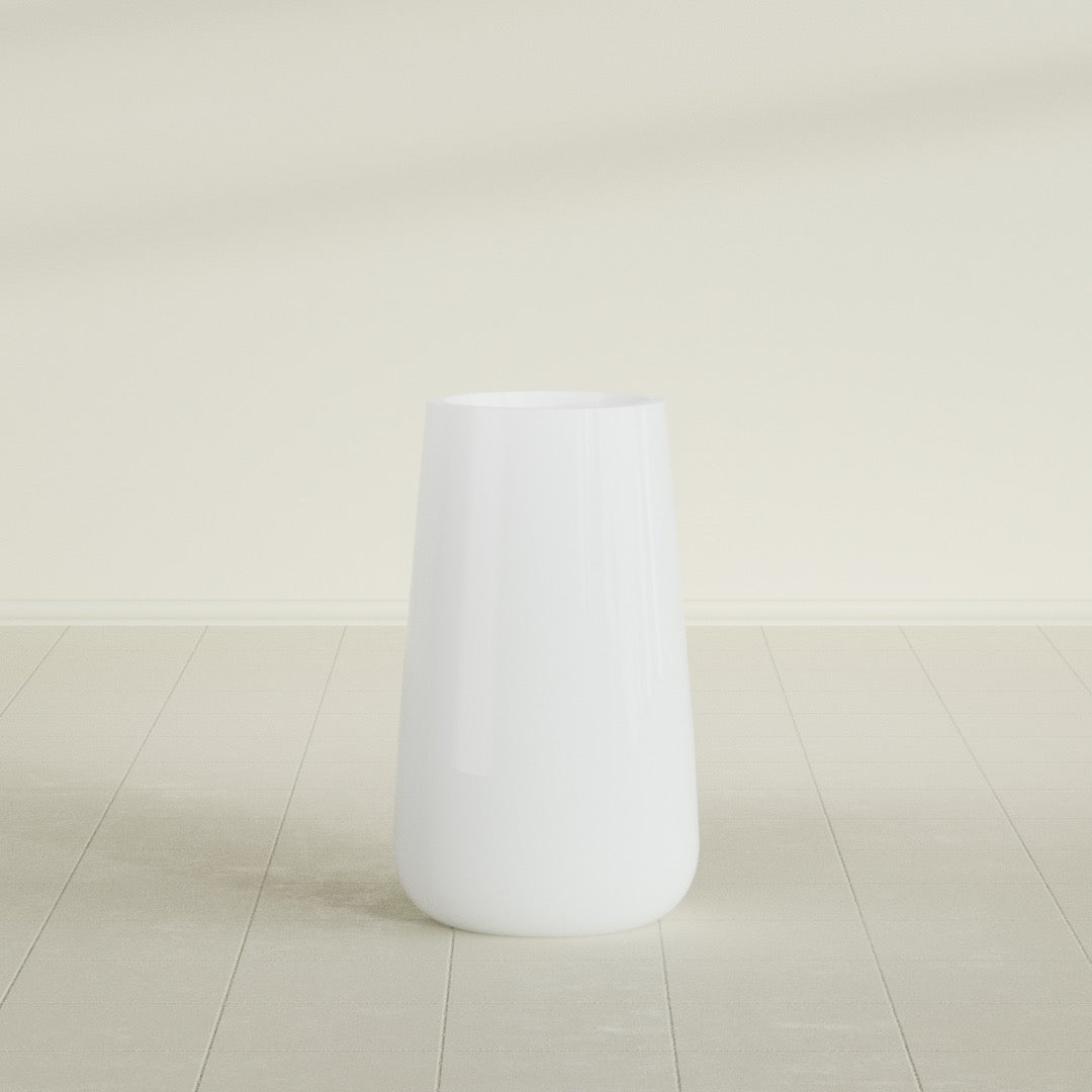 Saigon Tapered Round Planter in Matte Bright White, 16"D × 36"H, shown empty